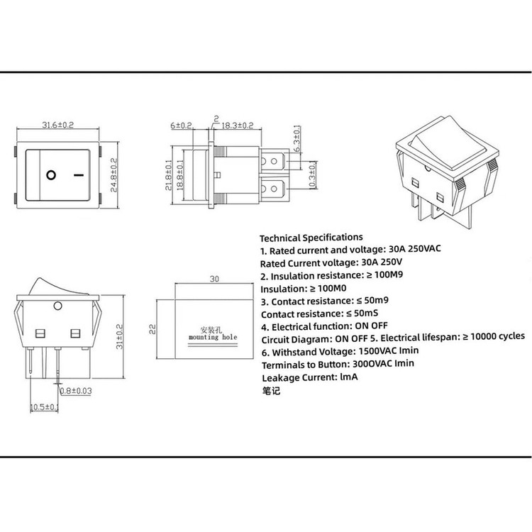 کلید راکر مدل 4 پایه کد KCD4-30A