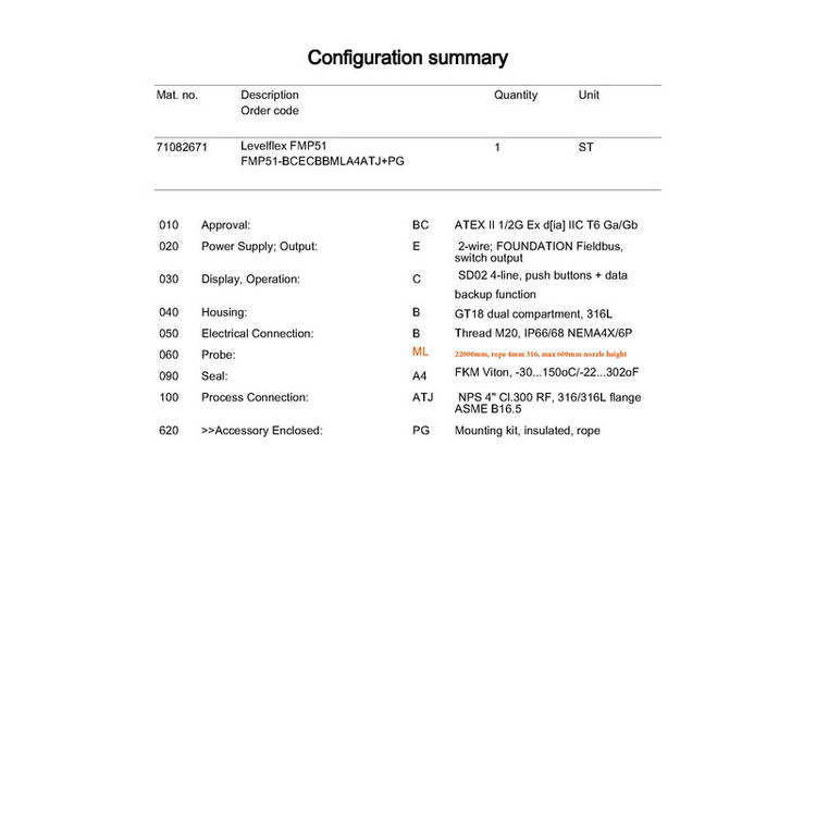 ترانسمیتر سطح راداری اندرس هاوزر مدل FMP51-BCECBBMLA4ATJ+PG