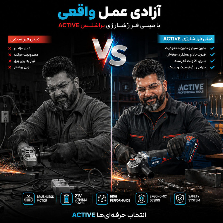 مینی فرز شارژی براشلس 115 میلی متری 21 ولت اکتیو مدل AC_7828CH